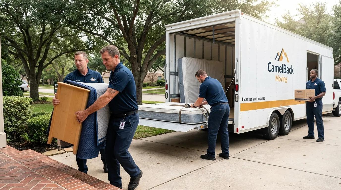 Crew loading residential truck for cross-state move from Swansboro, NC