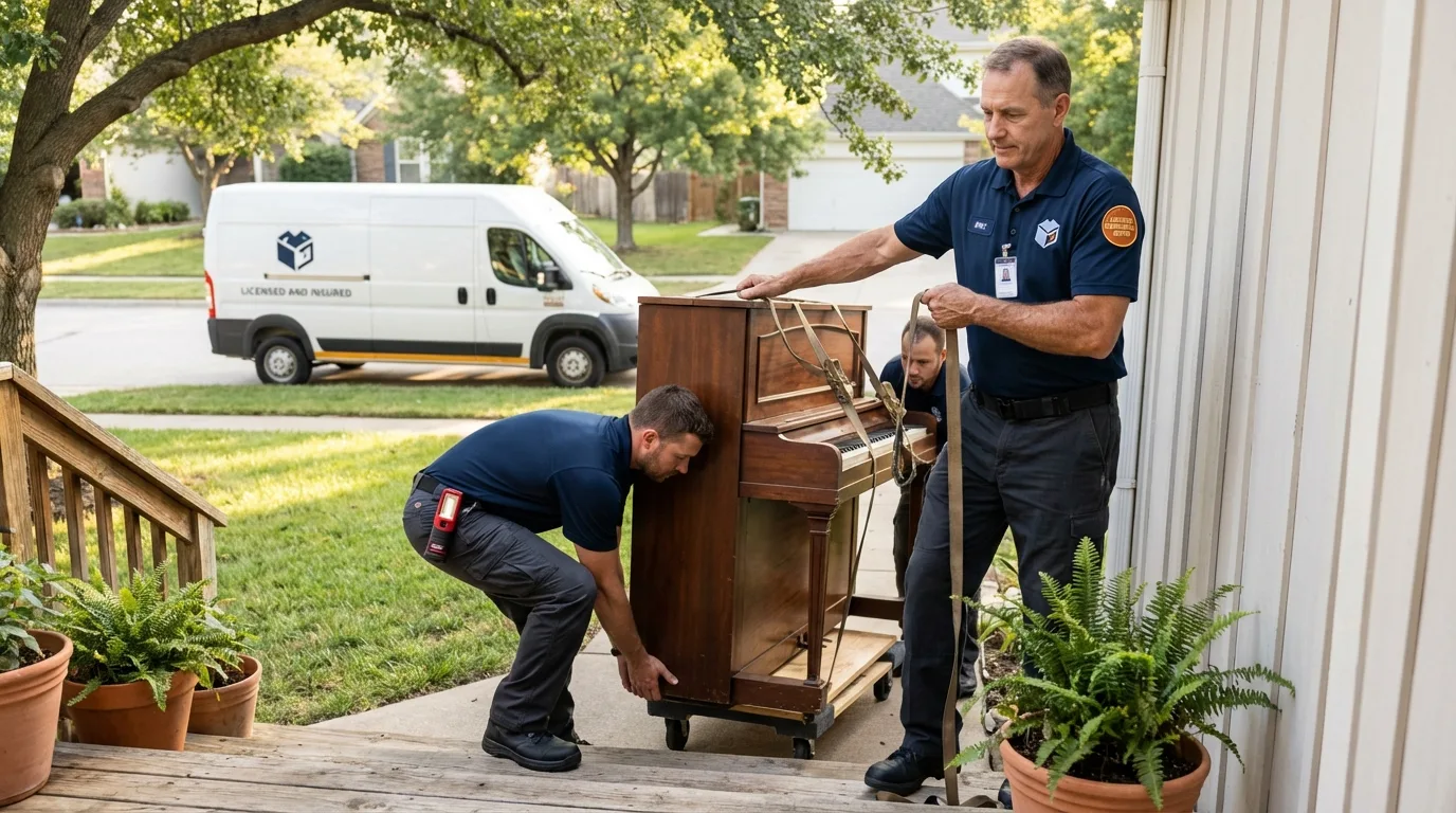 Licensed piano movers securing grand piano in Swansboro, NC