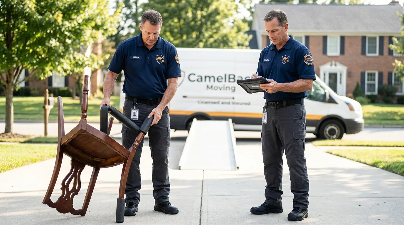 Movers inspecting furniture for damage prevention before loading in Swansboro, NC