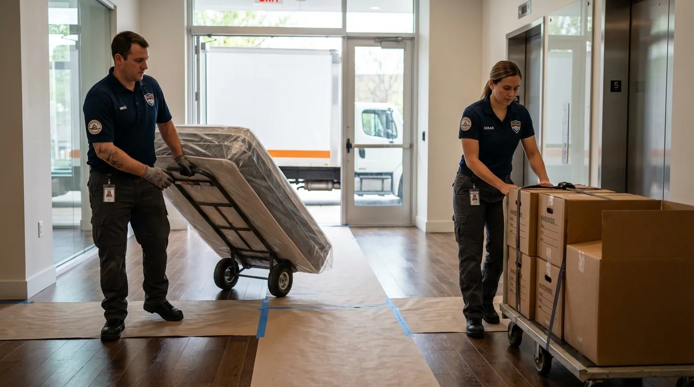 Professional apartment movers loading elevator in Swansboro, NC