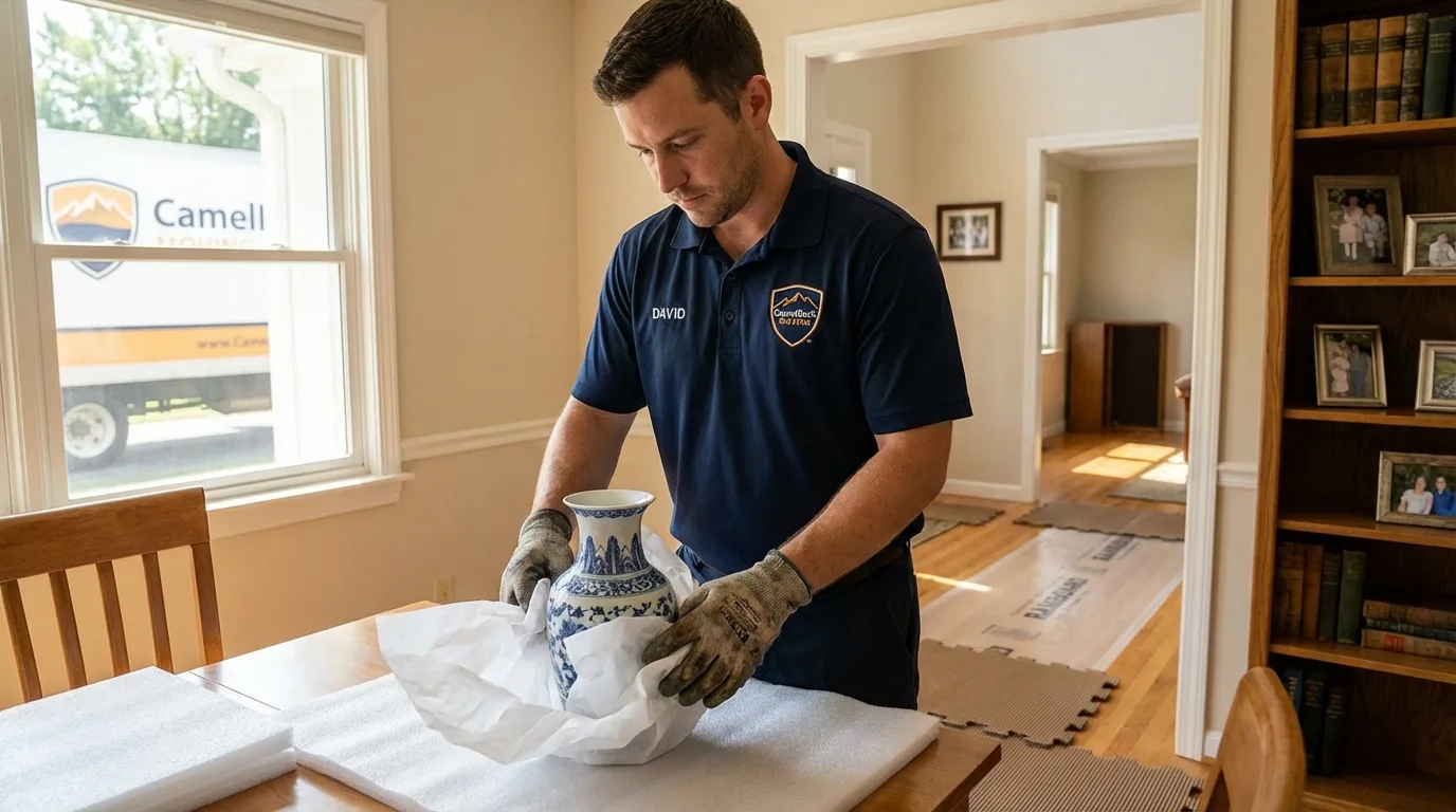 Professional crew carefully wrapping antique vase for senior downsizing move in Swansboro, NC